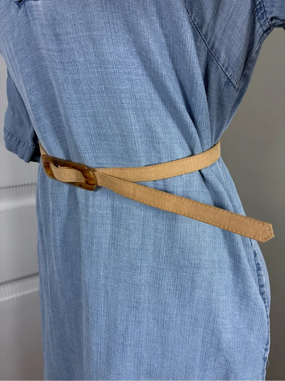 Womens belt 34” Tan fabric covered Tortoiseshell Rectangular Buckle 70s vibe
